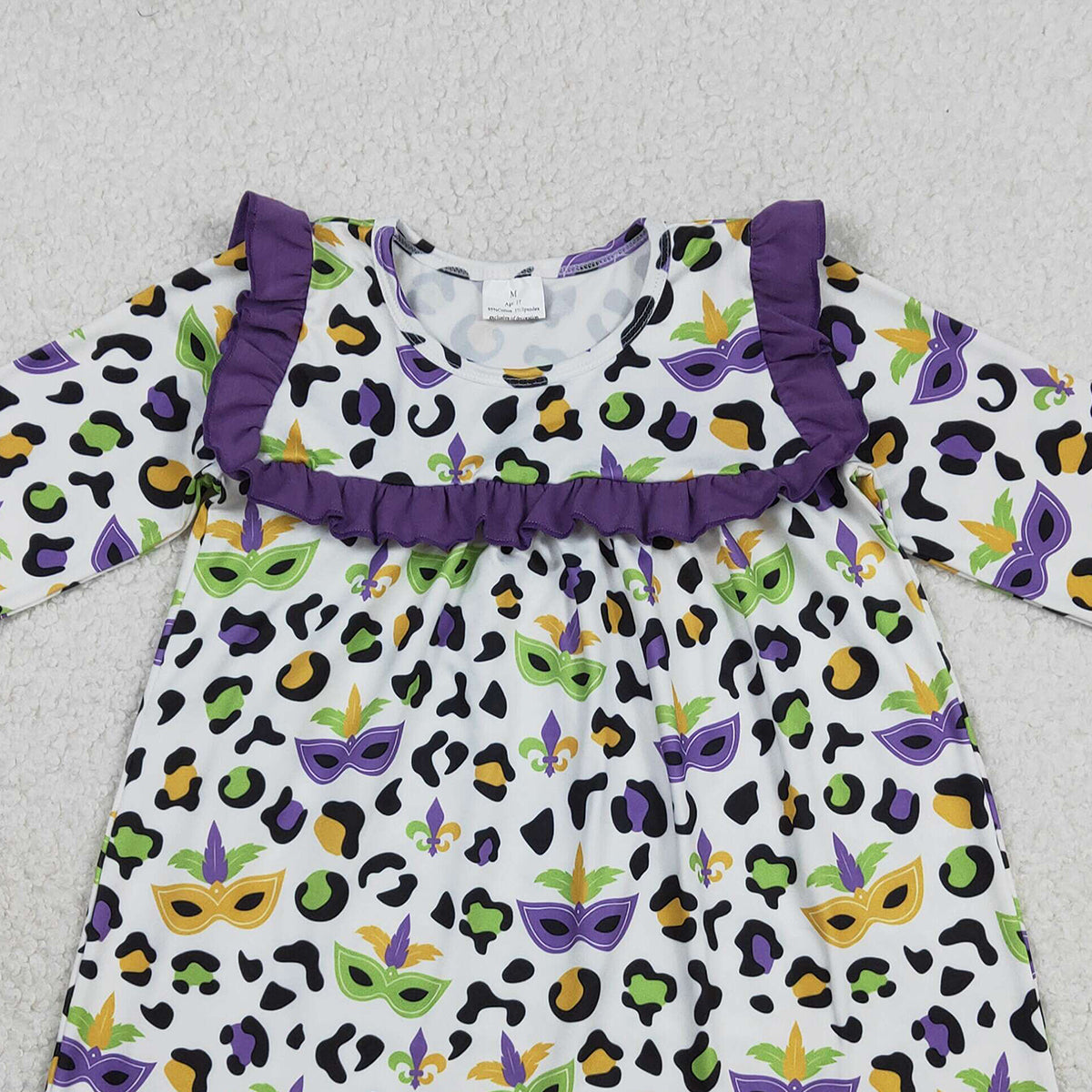 12.27 RTS NO MOQ （In stock）GLD1319 Baby Girls Winter Dress Baby Girls Purple Green Yellow Leopard Masks Mardigras Knee Length Dress