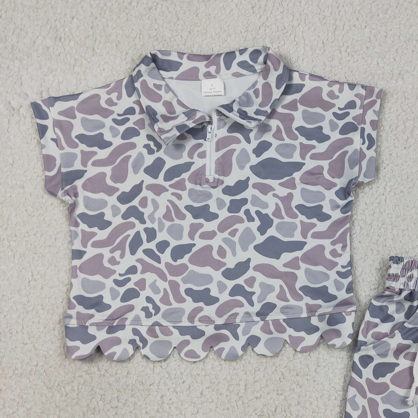 GSSO3564 RTS NO MOQ （In stock ）Short sleeves grey camo scallop pullover shorts girls outfits