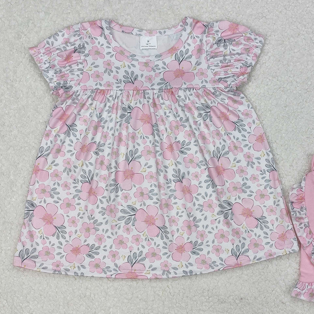 GSSO2194Girls Outfit Short Sleeve Pink Floral Tunic Top with Ruffle Shorts Set Cute Children's Clothing for Ages 5-12