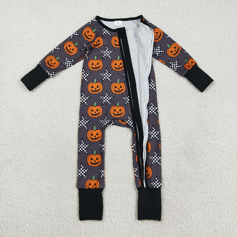RTS NO MOQ （In stock）LR2464 Baby Boys Winter Rompers Baby Boys Halloween Stars Pumpkins Zipper Footie Rompers