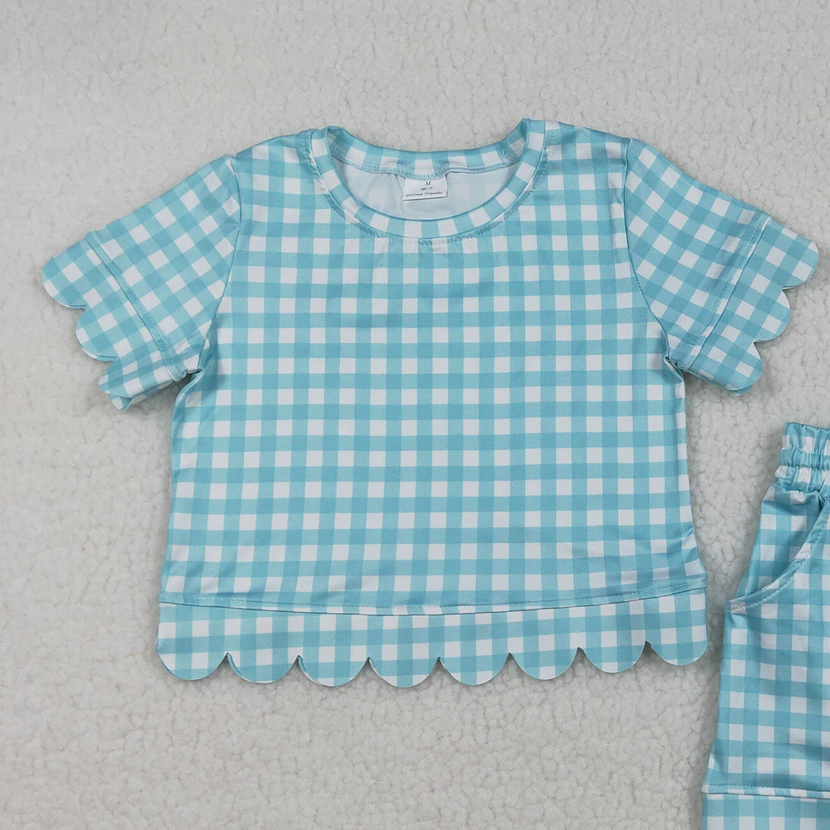 3.25 RTS NO MOQ （In stock）GSSO3190 Kids Clothing for Baby Girls Short Sleeve Blue Checked Shirts Top Scallop Shorts Clothes Sets
