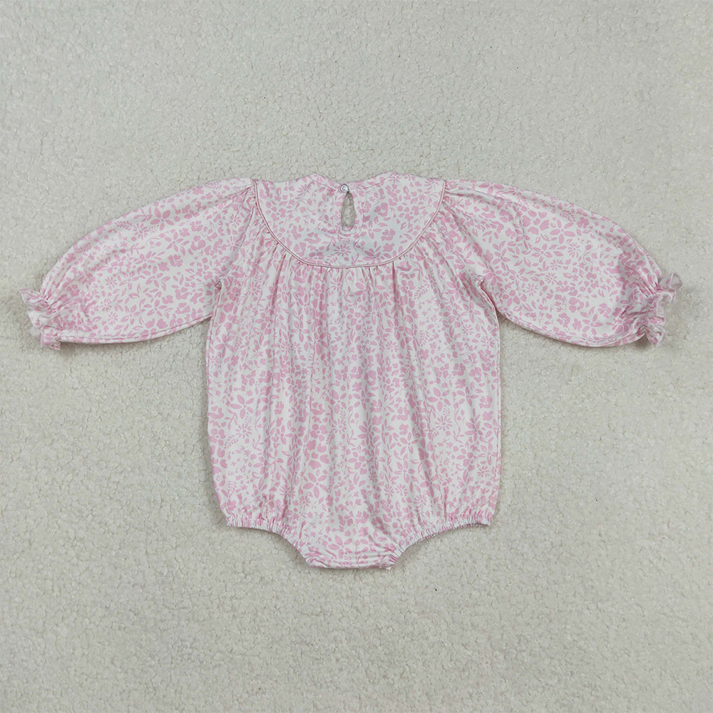 RTS NO MOQ （In stock）LR2184 Baby Girls Winter Rompers Pink Flowers Smocked Rompers Thanksgiving Turkey Outfit