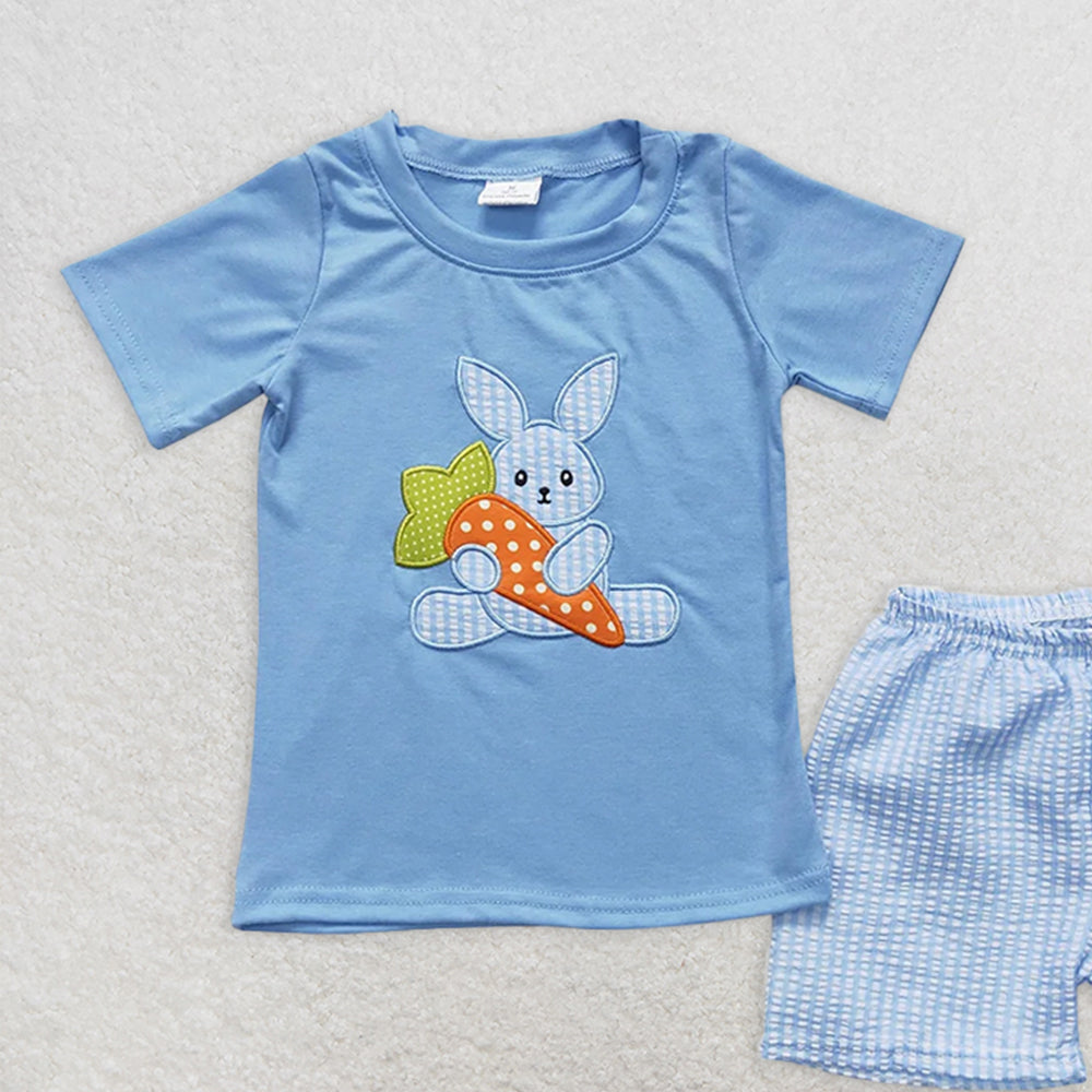 BSSO0087RTS NO MOQ Baby Boys Summer Boys Outfits  Embroidery  Baby Boys Easter rabbit shorts sets clothes sets