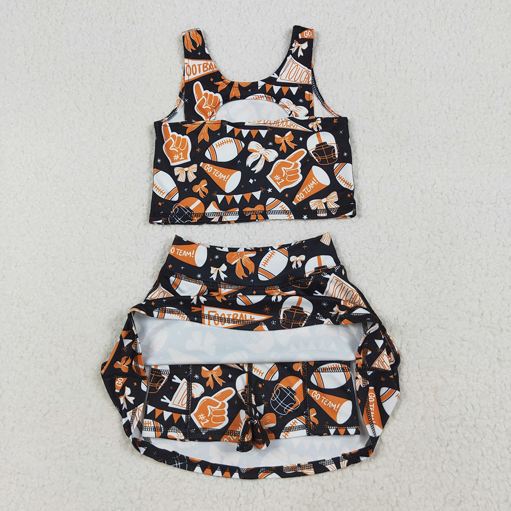 USA Shop (in stock) GSD2687 Baby Girls Yoga Outfits Baby Girls Team Orange Football Bows Vest Top Short Skirts Yoga Sets