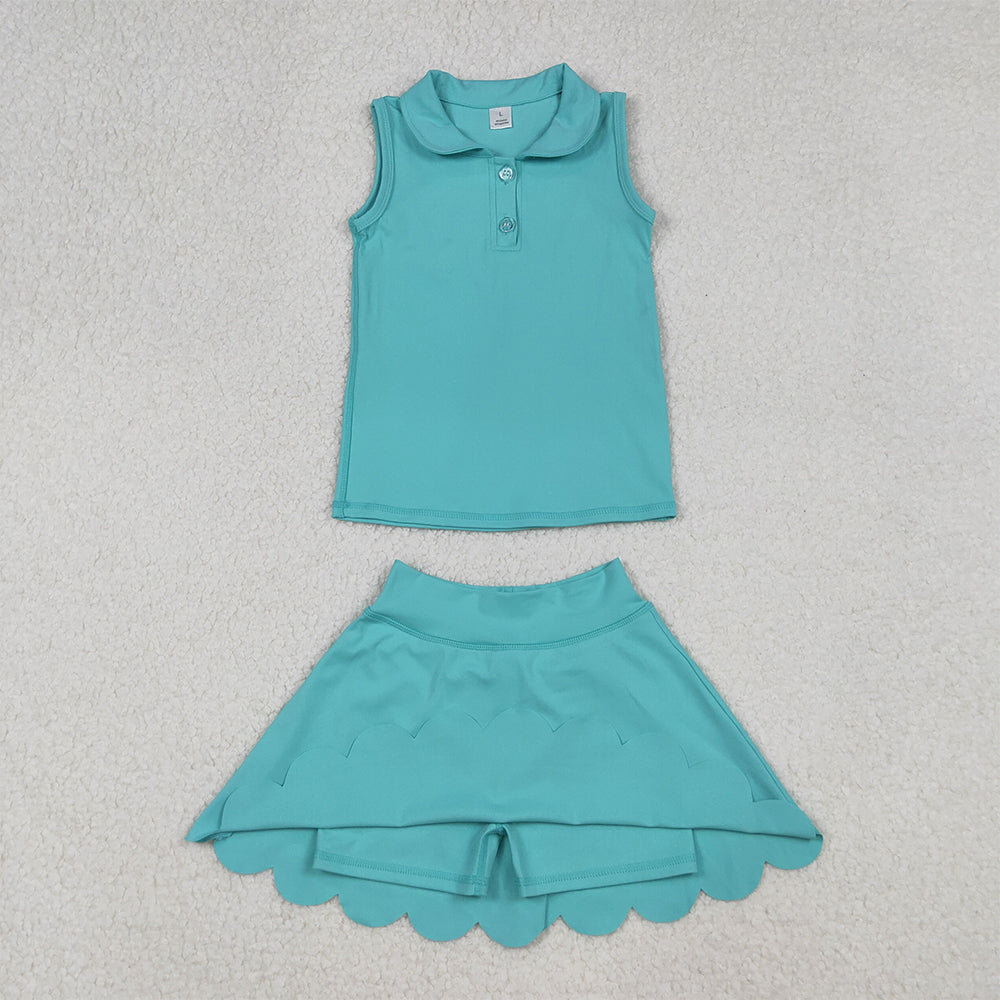 RTS NO MOQ （In stock）GSD2349 Baby Girls Yoga Outfits Aqua Sleeveless Button Top Skirt Yoga Sets
