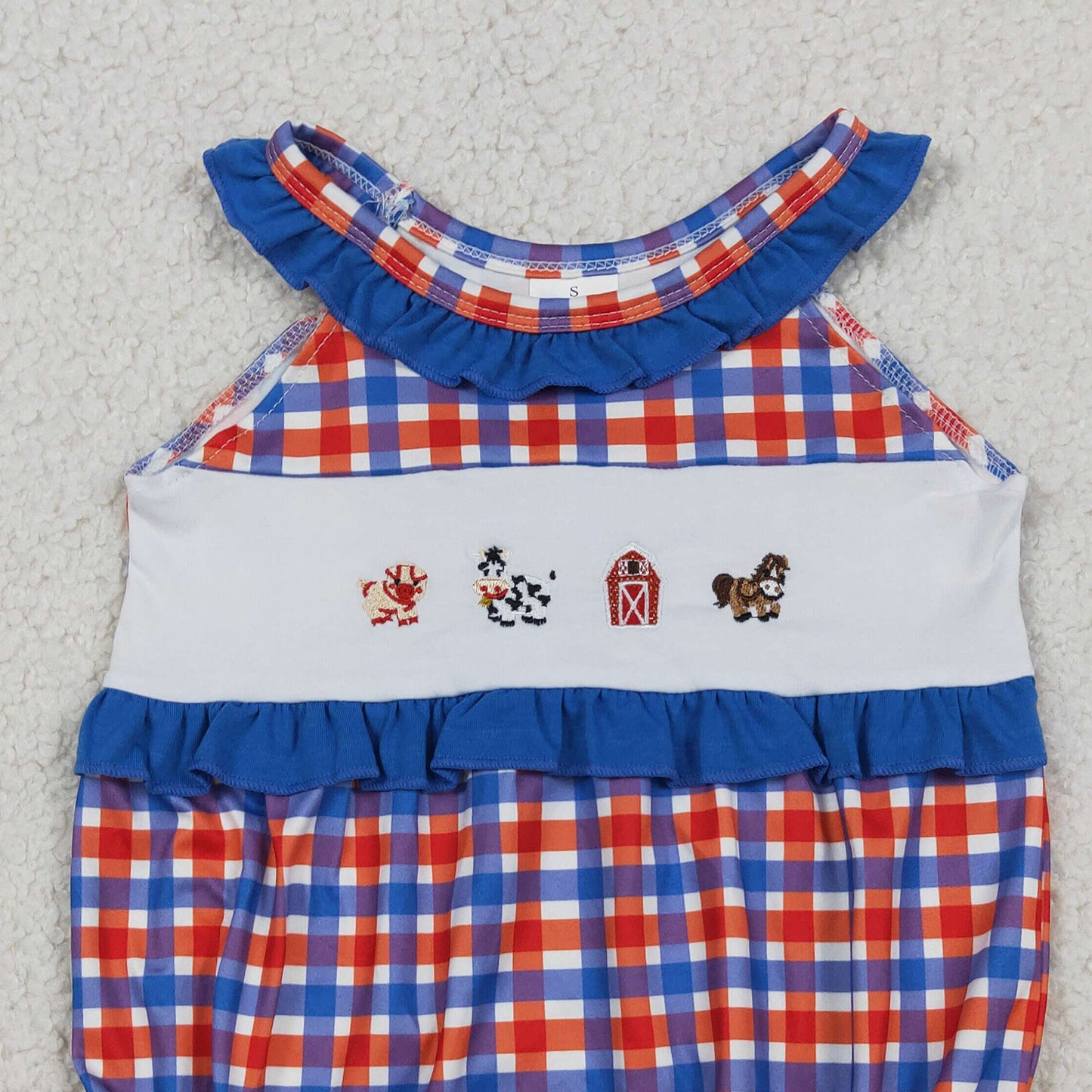 SR3835 RTS NO MOQ （In stock）Blue ruffle farm embroidery plaid baby girl romper