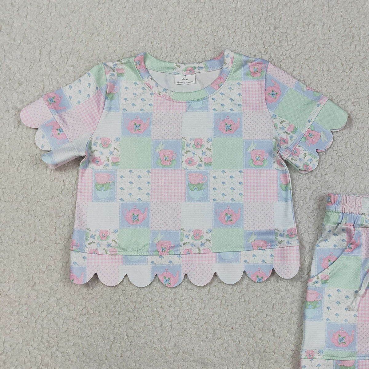 3.16 RTS NO MOQ （In stock）GSSO3229 Fashion Clothing For Baby Girls Colorful Flowers Checked Top Scallop Shorts Clothes Sets