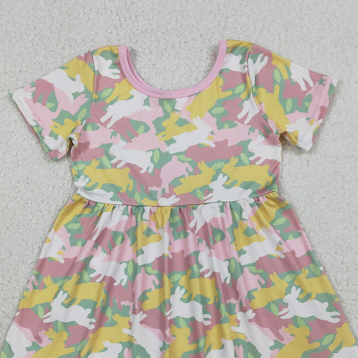1.14 RTS NO MOQ （In stock）GSD3286 Baby Girls Short Sleeve Rabbits Camo Easter Ruffle Knee Length Dresses