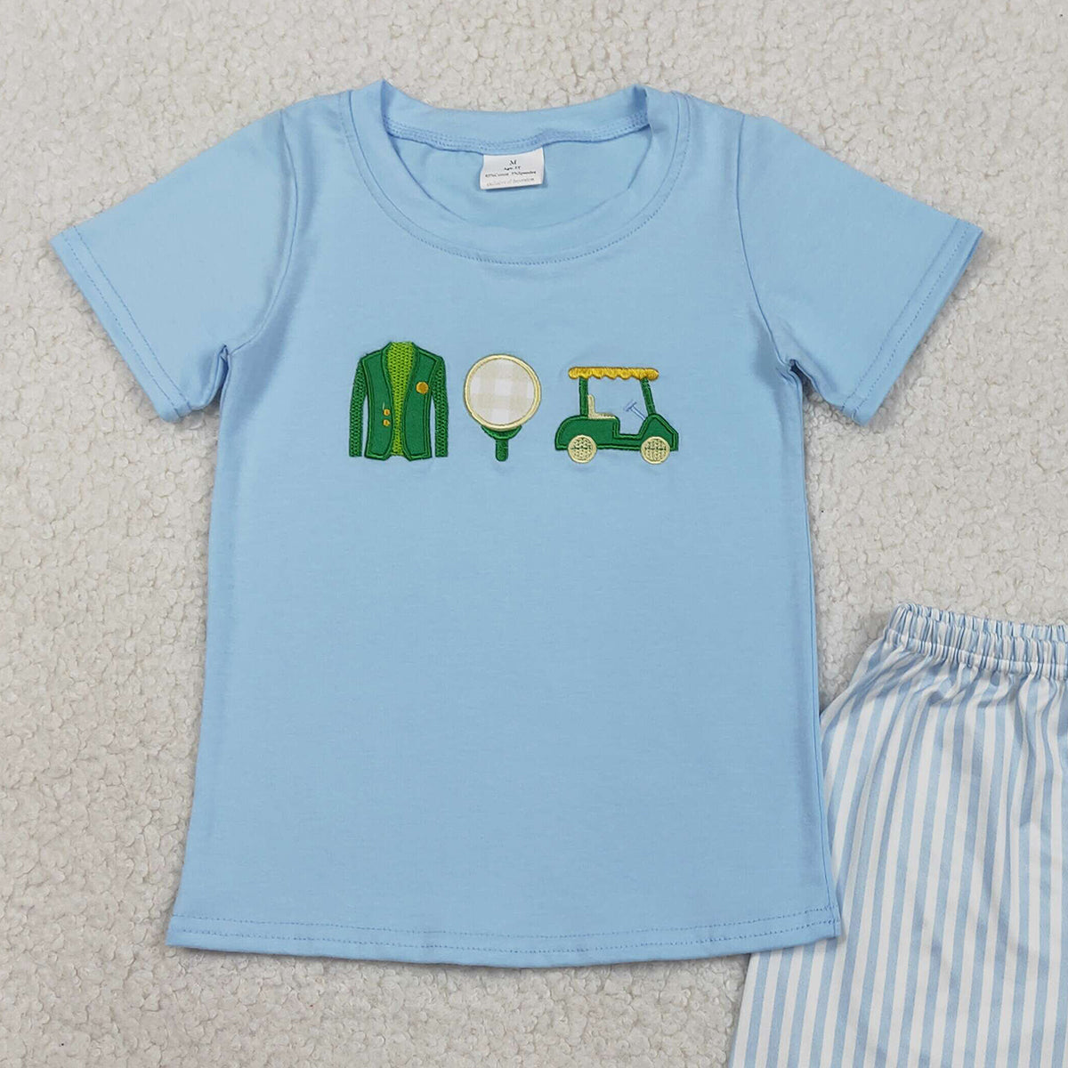 1.27 RTS NO MOQ （In stock）BSSO1696 Embroidery Golf Trucks Baby Boys Shirts Top Stripe Shorts Clothes Sets