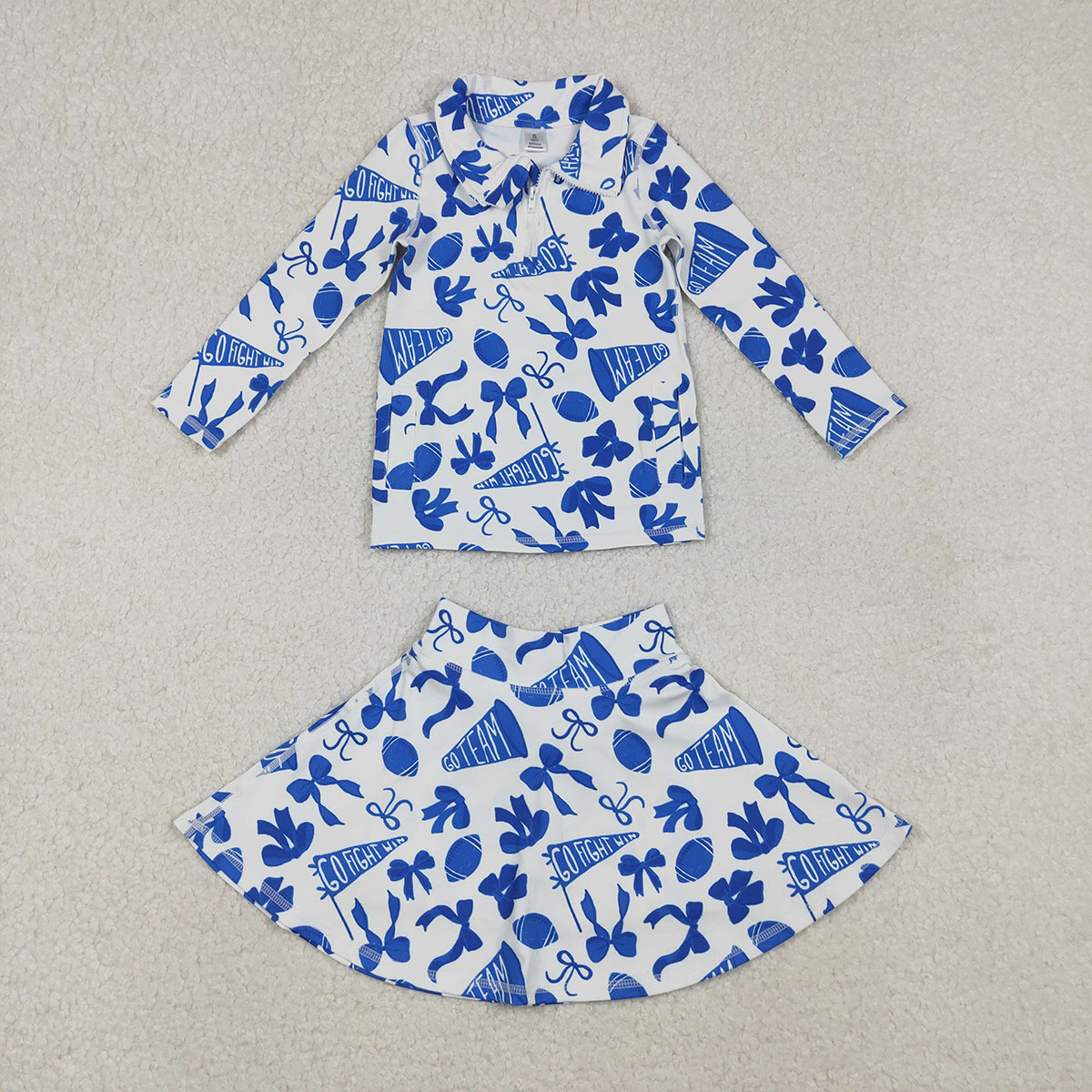 10.27 RTS NO MOQ （In stock）GT1195 Baby Girls Long Sleeve Tops Baby Girls Blue Bows Footballs Go Team Yoga Active Zipper Pullovers Top