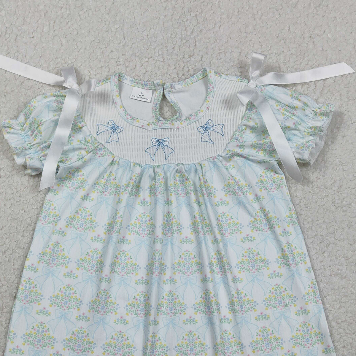 1.31 RTS NO MOQ （In stock）GSD3046 Smocked Bows Baby Girls Flowers Short Ruffle Sleeve Knee Length Dresses