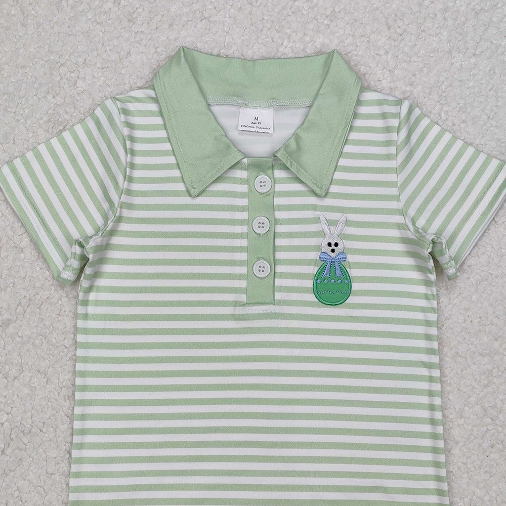 BT1046Kids Boys Easter Polo Shirt Short Sleeves Green Stripe Bunny Design Casual Fashionable Top for Children