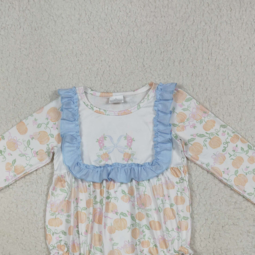 RTS NO MOQ （In stock） LR2256 Baby Girls Winter Rompers Baby Girls Long Sleeves Pumpkins Bows Plaid Ruffle Rompers