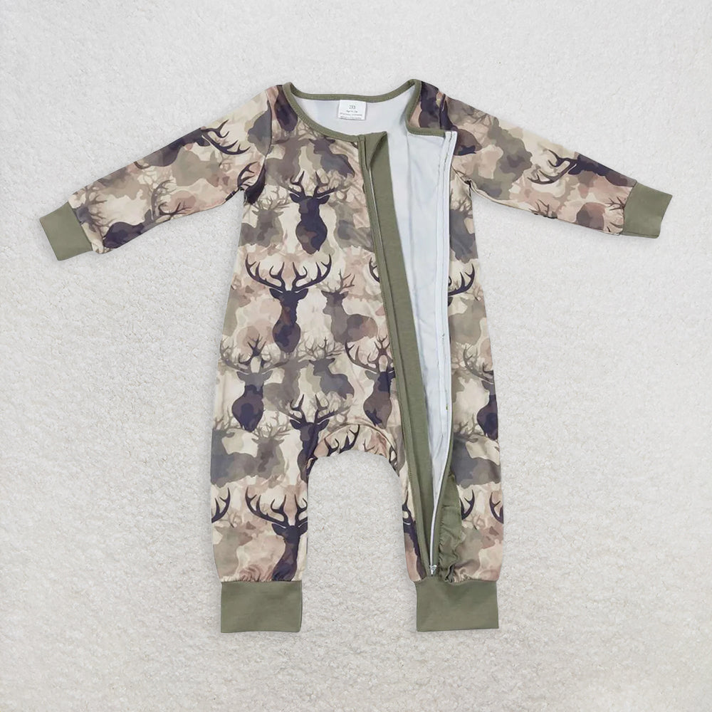 USA Shop (in stock)LR0661RTS NO MOQ Baby girls Winter Rompers Deer camo long sleeves ruffle baby girls zipper romper