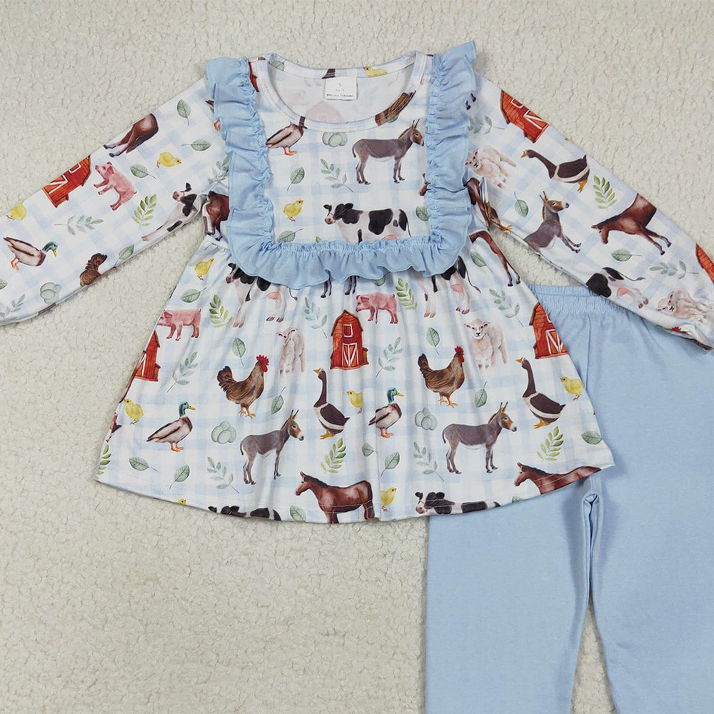 RTS NO MOQ （In stock） GLP2536 Baby Girls Winter Outfits Baby Girls Long Ruffle Sleeves House Chicks Tunic Pant Farm Sets