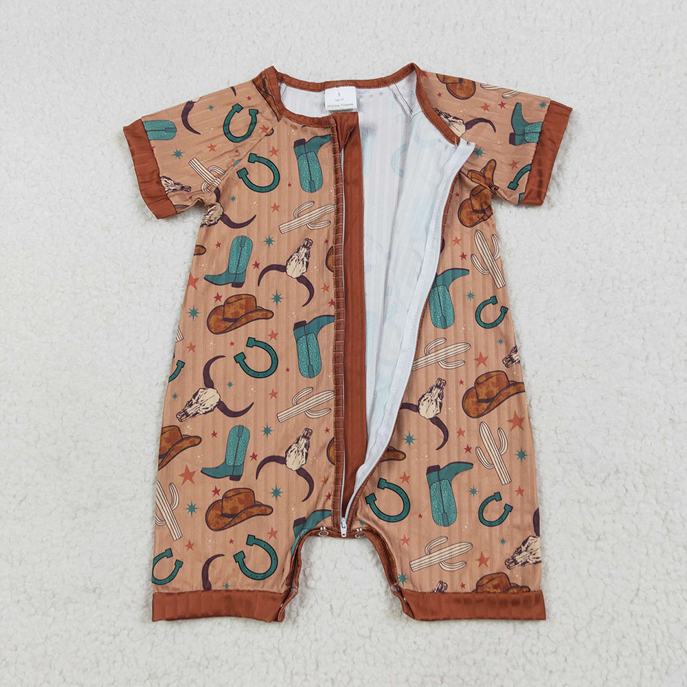 RTS NO MOQ （In stock）SR3155 Baby Boys Summer Rompers Baby BoysWestern Ribbed Short Sleeve Romper