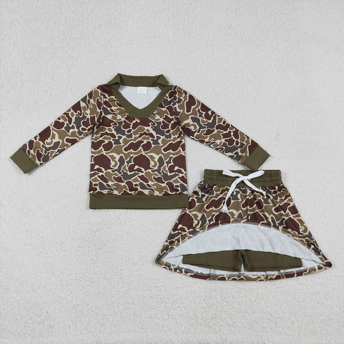 12.23 RTS NO MOQ （In stock）GLD1479 Baby Girls Brown Camo Long Sleeve Skirts Shorts Hunting Clothes Sets