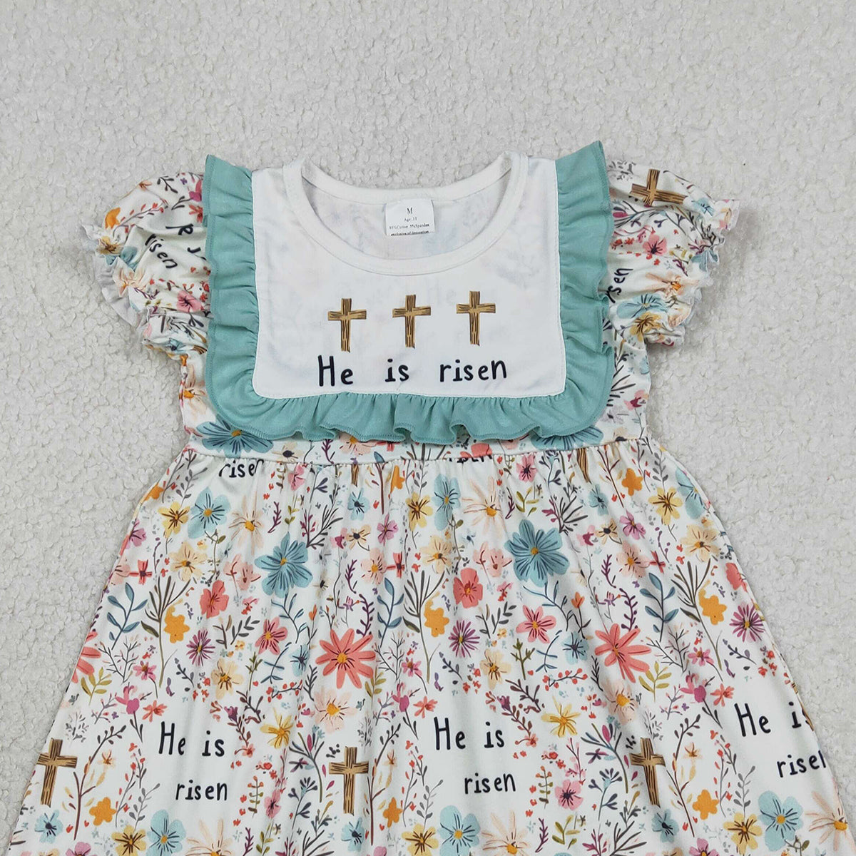 1.16 RTS NO MOQ （In stock）GSD3504 Baby Girls Crosses He is Risen Flowers Easter Knee Length Dresses
