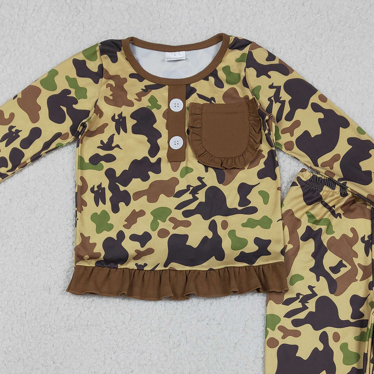 12.17 RTS NO MOQ （In stock）GLP1355 Baby Girls Brown Camo Pocket Button Top Ruffle Pants Hunting Pajamas Sets