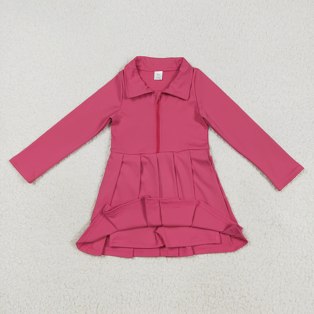 RTS NO MOQ （In stock）GLD1146 Baby Girls Yoga Dress Baby Girls Hotpink Long Sleeves Zipper Yoga Pleated Knee Length Dresses