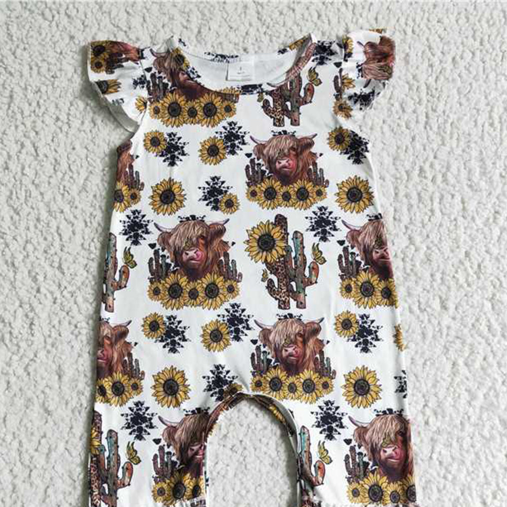 4.17 SR0048 RTS NO MOQ Highland cow sunflower baby kids romper
