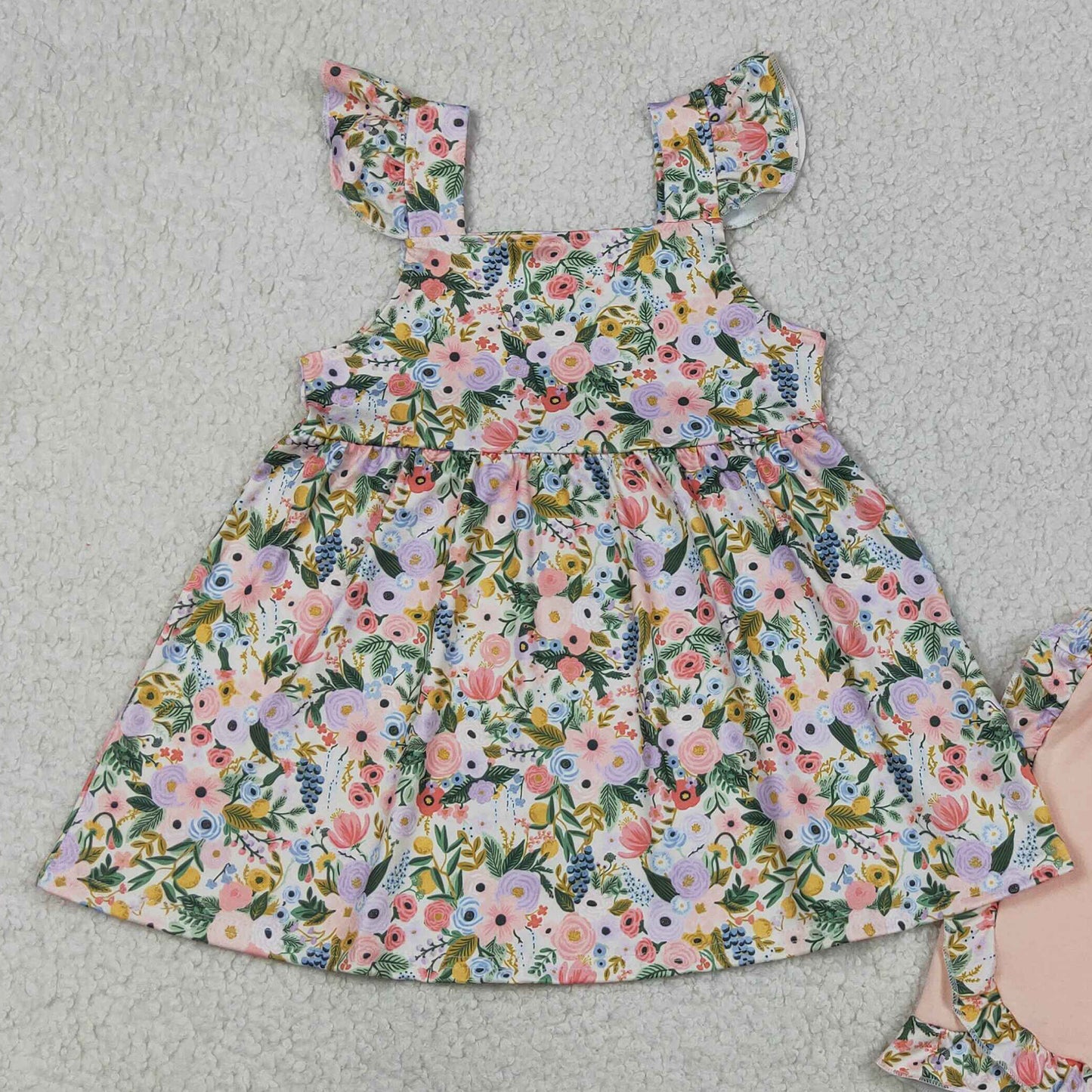 GSSO2180 RTS NO MOQ （In stock ）Flutter sleeves floral tunic ruffle shorts girls clothing
