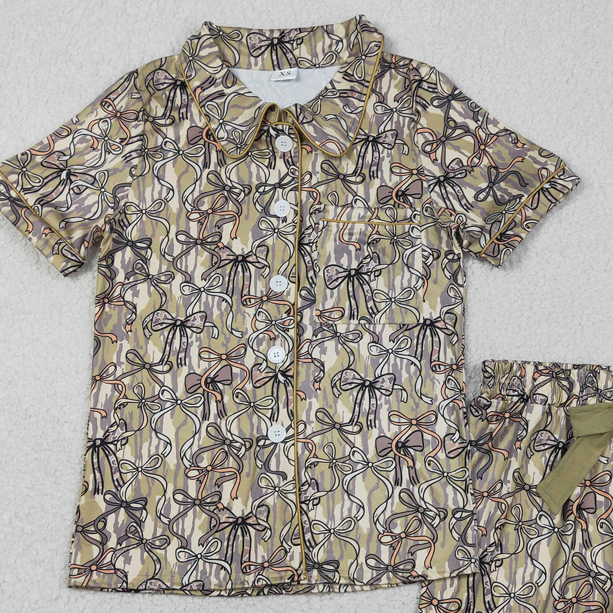 2.7 RTS NO MOQ （In stock）GSSO3166 Adult Women Southern Olive Camo Bows Button Pocket Top Ruffle Shorts P