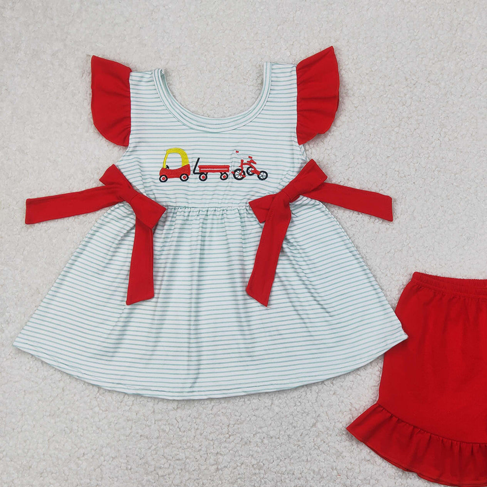 5.17  GSSO2404 RTS NO MOQ Baby Girls Summer Outfits Embroidery Baby Girls Red Flutter Sleeves Trucks Bows Tunic Red Ruffle Short Set