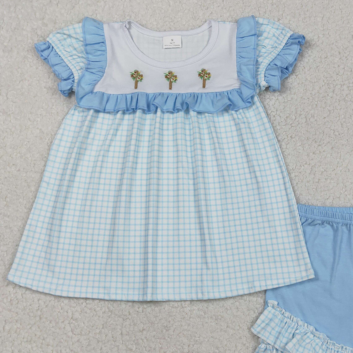 12.9 RTS NO MOQ （In stock）GSSO2718 Embroidery Crosses Baby Girls Blue Checked Tunic Ruffle Shorts Easter Clothes Sets