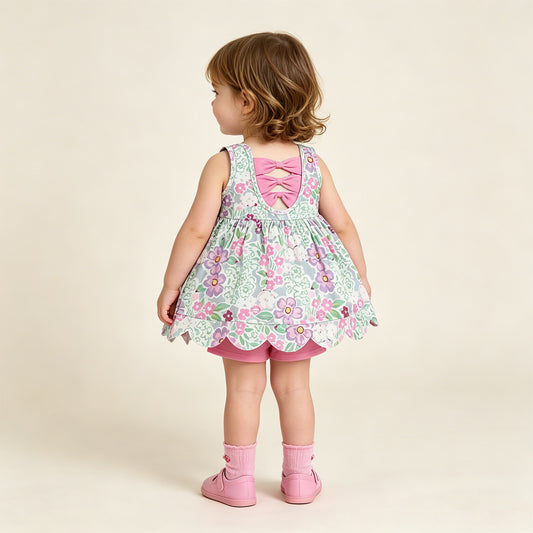 GSSO3385 RTS NO MOQ （In stock ）Sleeveless floral scallop tunic pink shorts girls outfits
