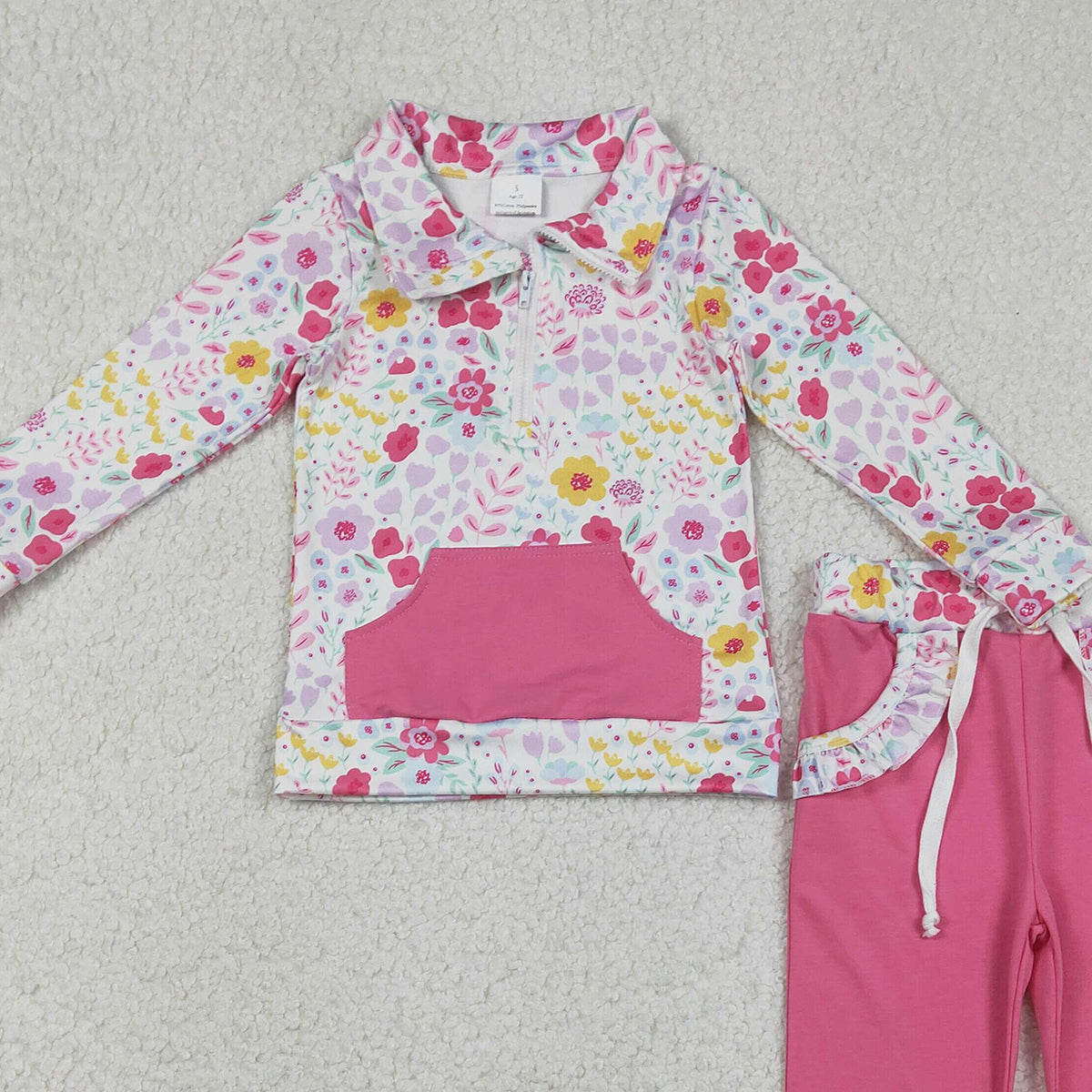 12.29 RTS NO MOQ （In stock）GLP3277 Baby Girls Colorful Flowers Zip Pocket Pullovers Jogger Pants Clothes Sets