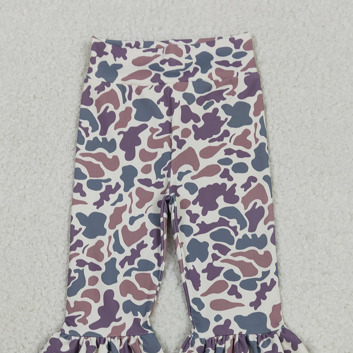 12.3 RTS NO MOQ （In stock）P0891 Baby Girls Lavender Camo Yoga Active Ruffle Bell Bottom Pants