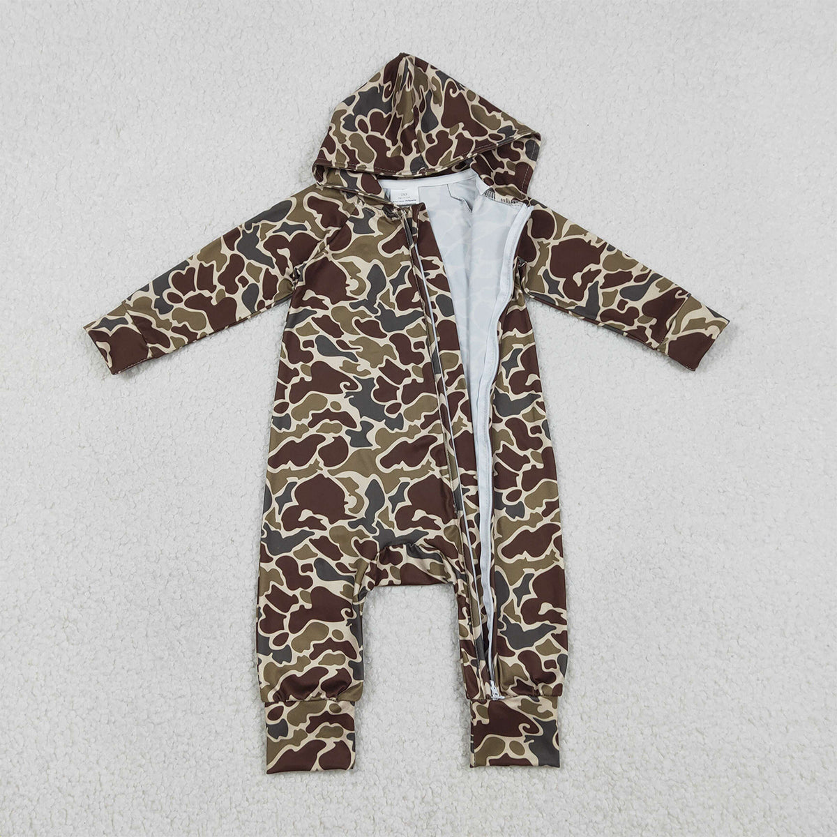 1.7 RTS NO MOQ （In stock）LR2826 Baby Boys Winter Rompers Baby Boys Southern Dark Brown Camo Hoodie Two Way Zip Convertible Rompers