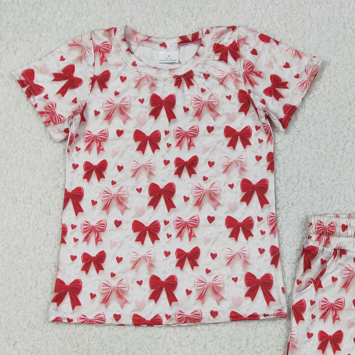 12.11 RTS NO MOQ （In stock）GSSO2835 Baby Girls Hearts Bows Top Pockets Shorts Valentines Clothes Sets