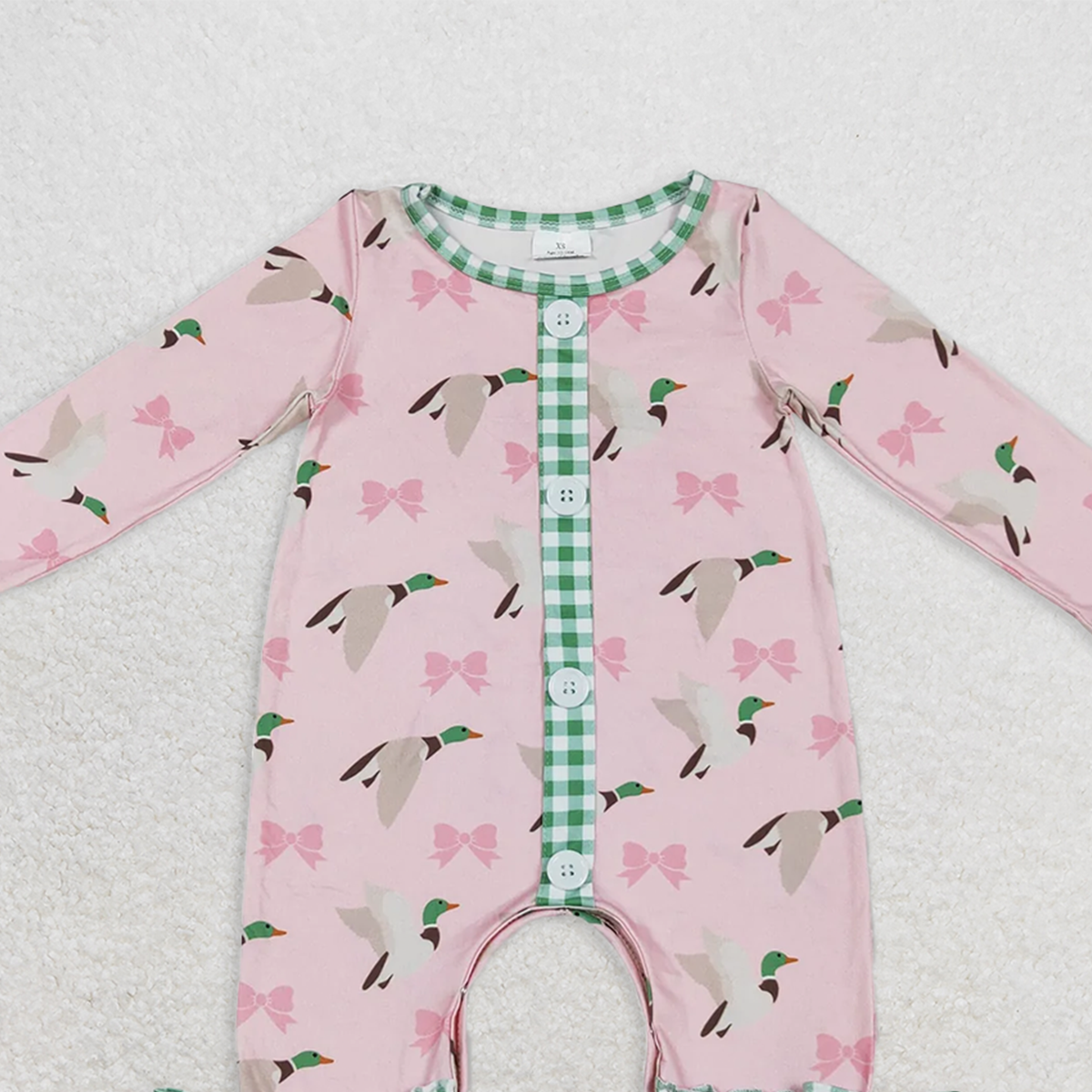 LR1689RTS NO MOQ Baby Girls Winter Rompers Green plaid ruffle duck bow baby girls romper