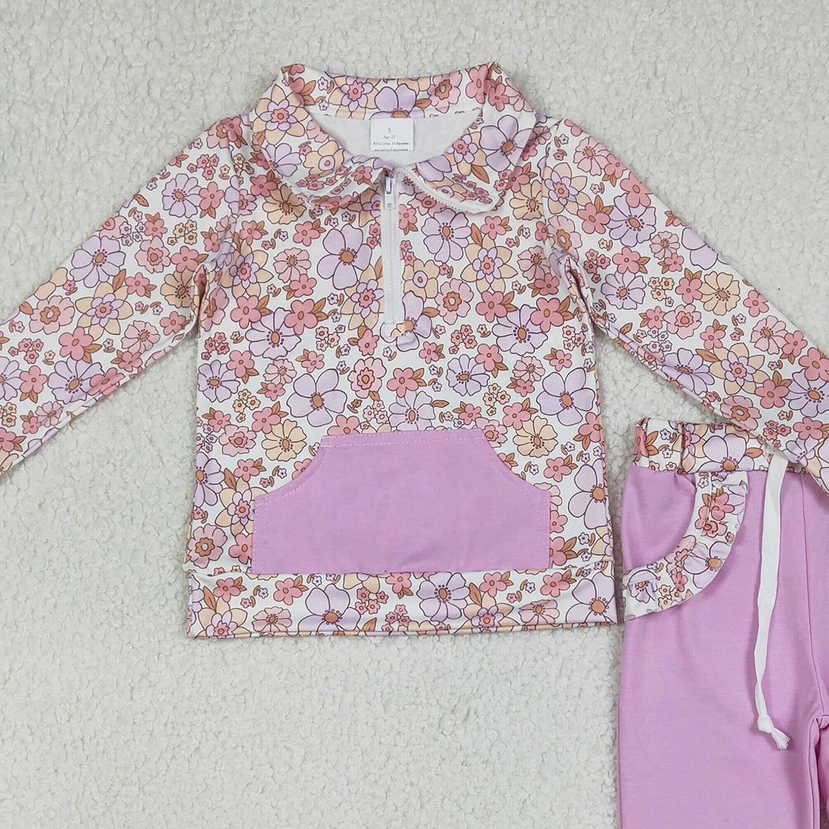 1.8 RTS NO MOQ （In stock）GLP3281 Baby Girls Colorful Flowers Zip Pocket Pullovers Jogger Pants Clothes Sets