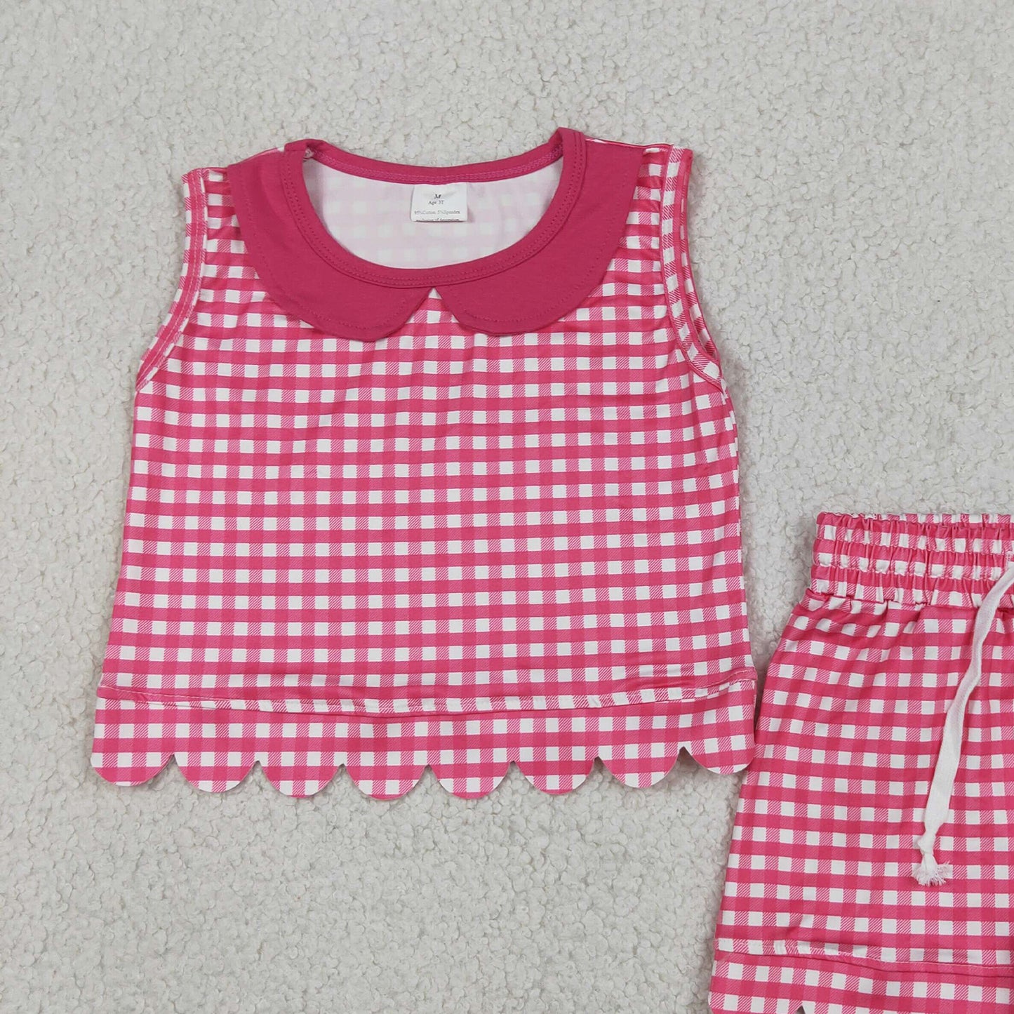 GSSO3395 RTS NO MOQ （In stock）Sleeveless hot pink plaid scallop top shorts girls outfits