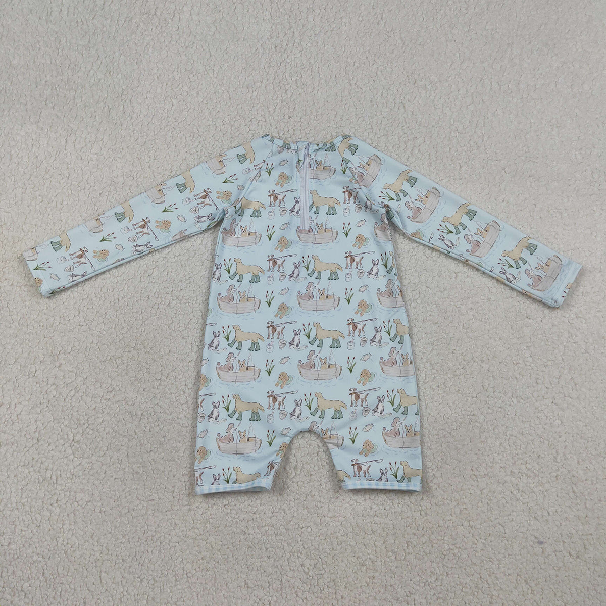 3.26 RTS NO MOQ （In stock）S0701 Children's Fashion Romper Baby Boys Long Sleeve Blue Dogs Fishing Back Zipper Hunting Swimsuits