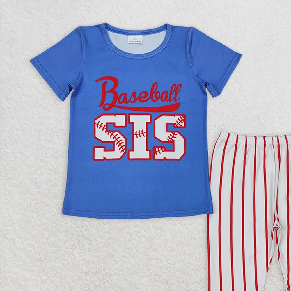 GSPO1994RTS NO MOQ Baby Girls Spring Outfits Baby Girls Baseball Sister Top Bell Bottom Pants Clothes Sets