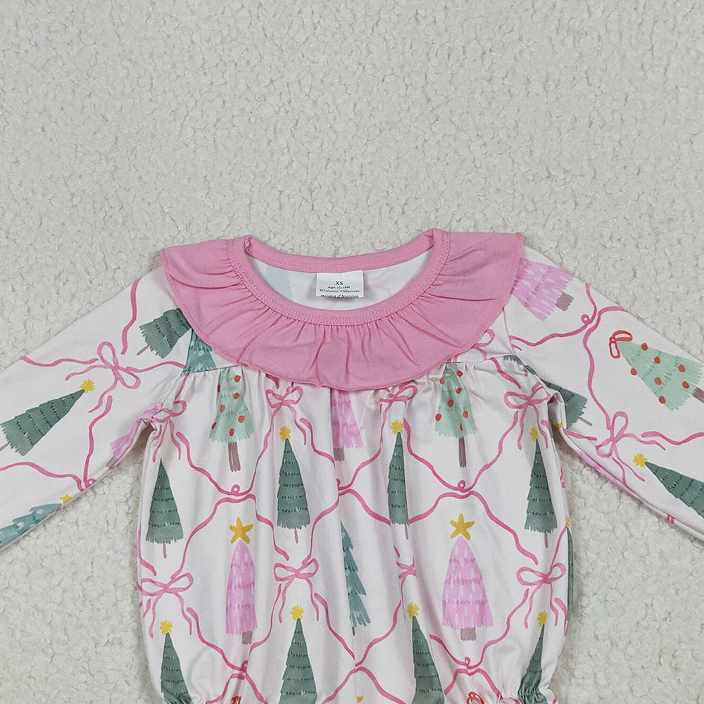LR2275 RTS NO MOQ Baby Girls Winter Rompers Baby Girls Long Sleeves Pink Bows Trees Plaid Ruffle Rompers