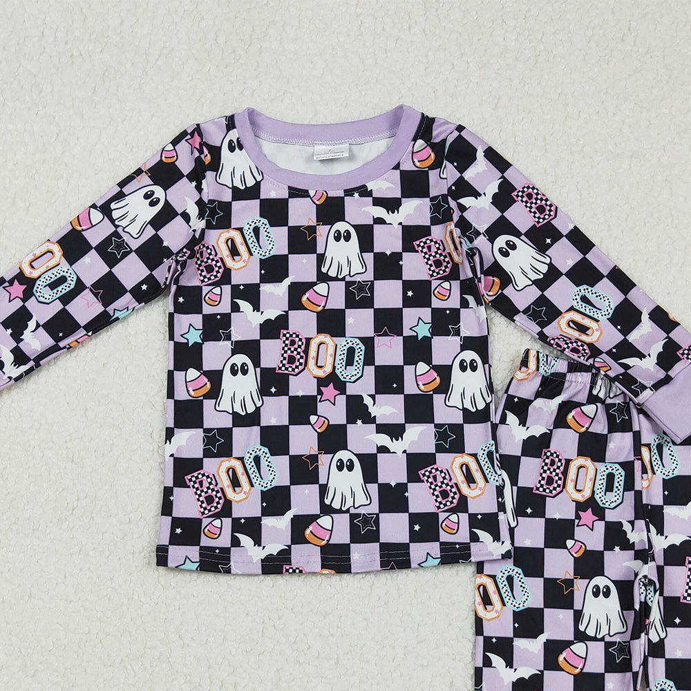 RTS NO MOQ （In stock）GLP2684 Baby Girls Winter Outfits Lavender Plaid Octopus Bowtie Baby Girls' Halloween Pajamas Short Sleeve Top And Pants Set
