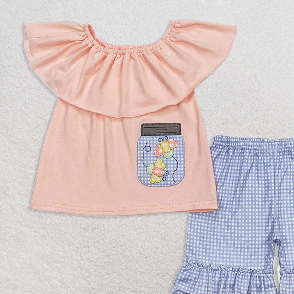GSSO0682RTS NO MOQ Baby Girls Summer Outfits  Embroidered bee pink and orange lace top and blue plaid shorts set