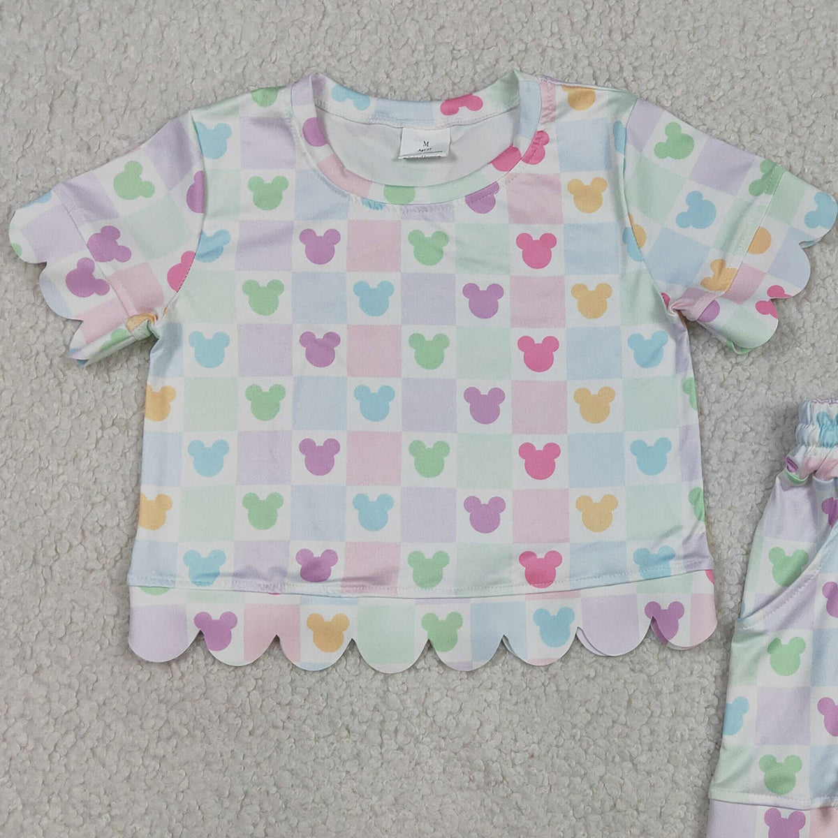 GSSO3496 RTS NO MOQ （In stock ）Short sleeves colorful plaid mouse scallop top shorts girls outfits