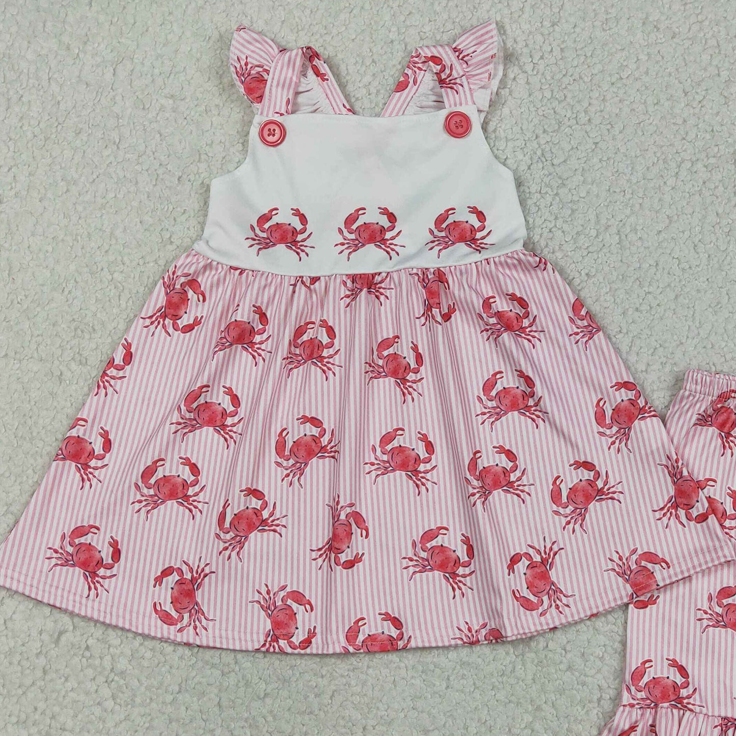 GSSO3066 RTS NO MOQ （In stock ）Flutter sleeves stripe crab tunic shorts girls outfits