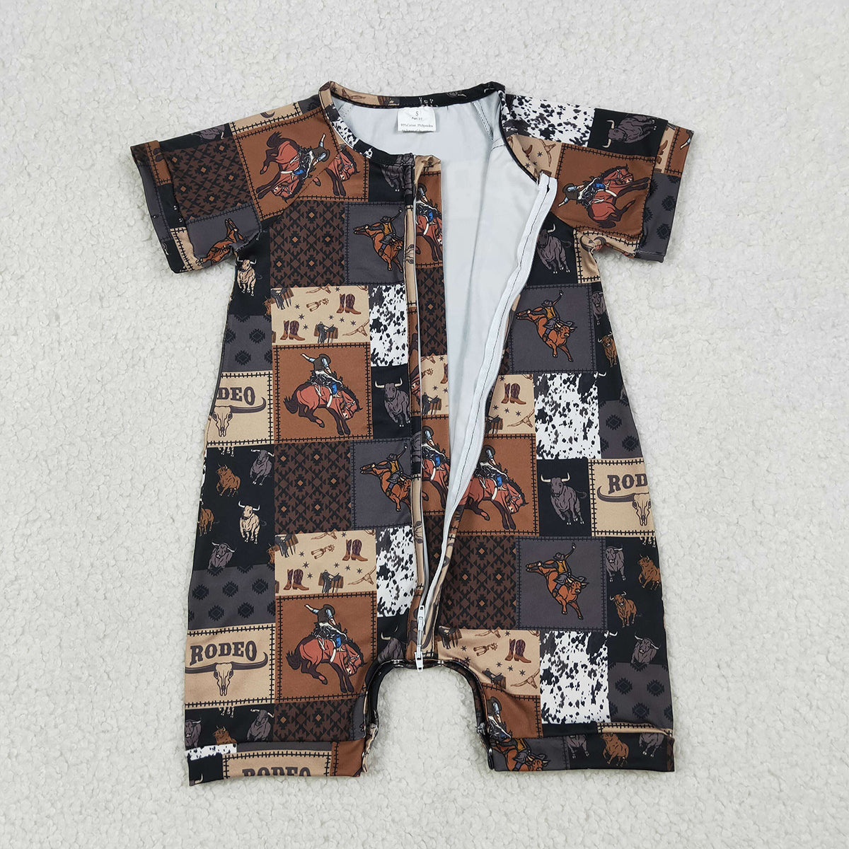 4.2 SR3545 RTS NO MOQ （In stock) Short sleeves cow rodeo baby boy zipper romper