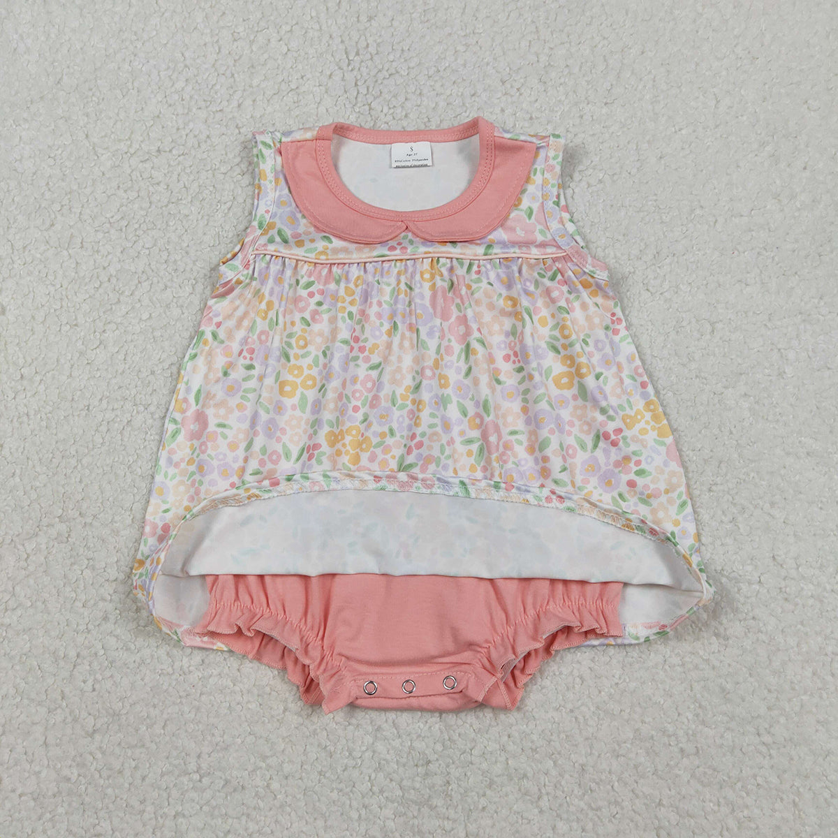 1.12 RTS NO MOQ （In stock）SR3628 Baby Girls Peach Floral Collar Tunic Bummies Ruffle Rompers