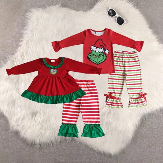 8.23 RTS Sibling Baby Green face shirt stripe ruffle pants kids Christmas clothing