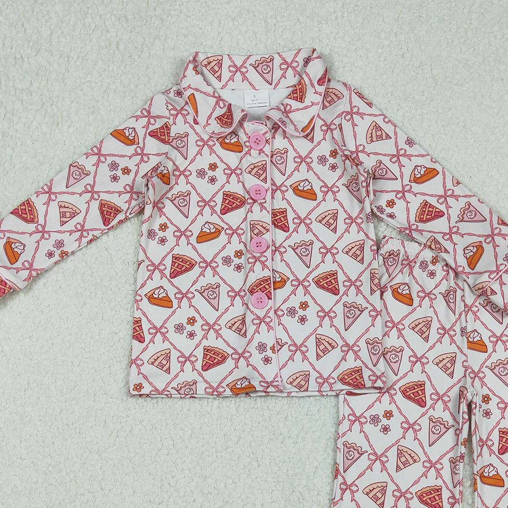 RTS NO MOQ （In stock）GLP2738 Baby Girls Winter Outfits Bows Flowers Pie Checked Button Top Pant Thanksgiving Pajamas Set