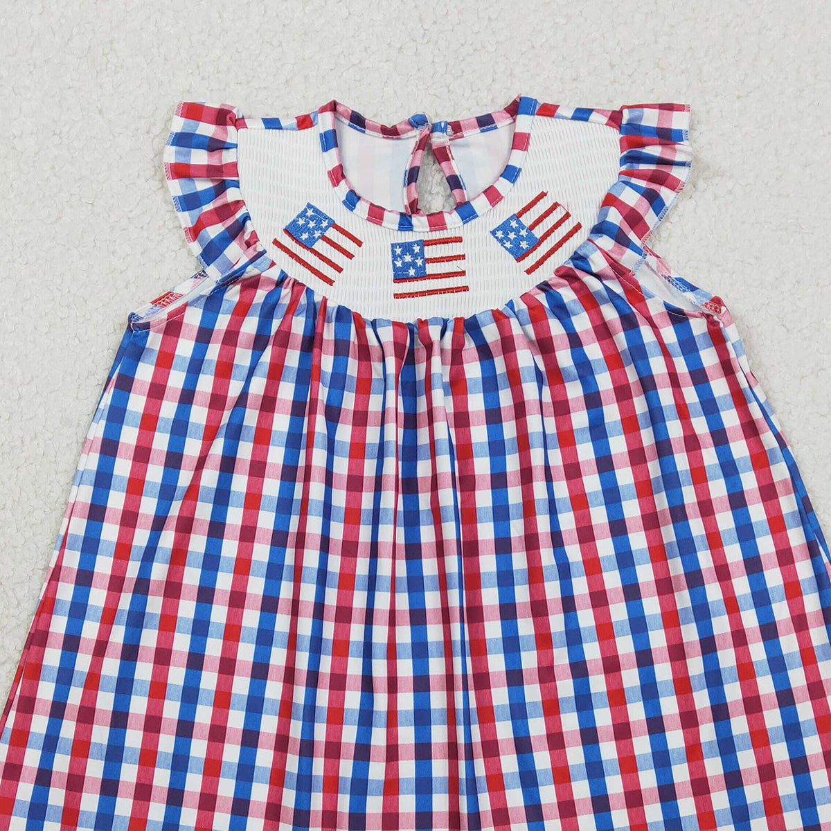 2.2 RTS NO MOQ （In stock）GSD3506 Baby Girls Smocked Flags Red Blue Checked 4th Of July Knee Length Dresses