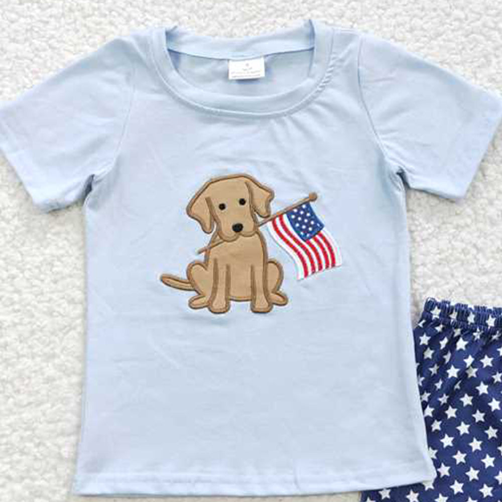 BSSO0227Boy's 4th of July Outfit Dog Flag Embroidery Shirt with Stars Shorts Patriotic US Independence Day Children's Clothing